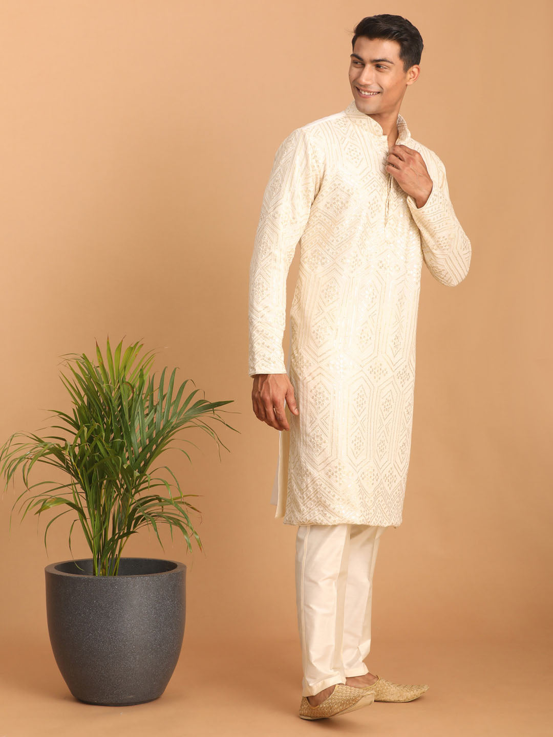 vastramay mens cream golden sequin embroidered kurta and cream pant set