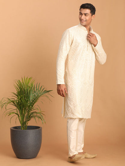 vastramay mens cream golden sequin embroidered kurta and cream pant set