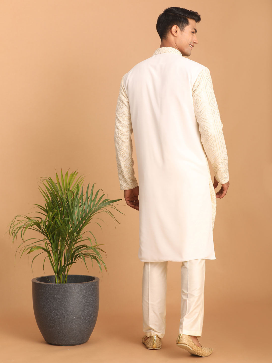 vastramay mens cream golden sequin embroidered kurta and cream pant set