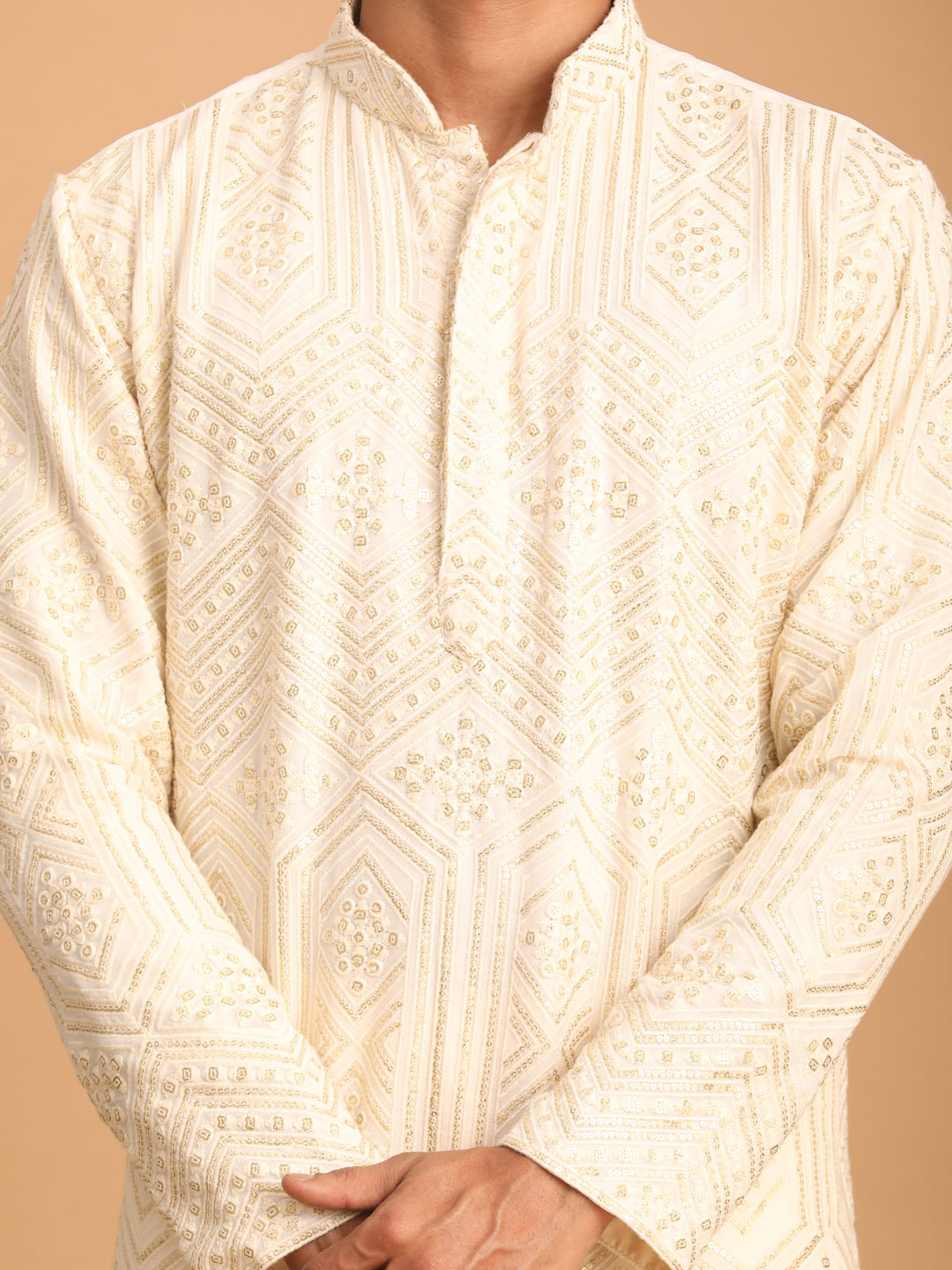 vastramay mens cream golden sequin embroidered kurta and cream pant set