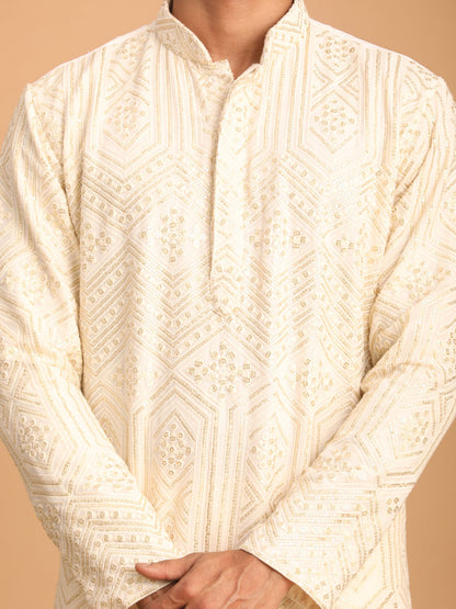 vastramay mens cream golden sequin embroidered kurta and cream pant set