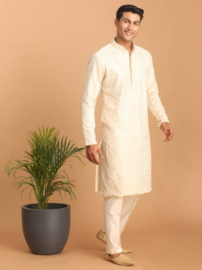 vastramay mens cream golden sequin embroidered kurta and cream pant set