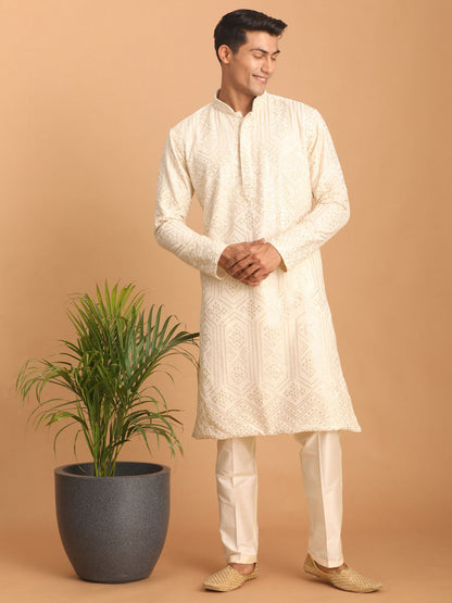 vastramay mens cream golden sequin embroidered kurta and cream pant set