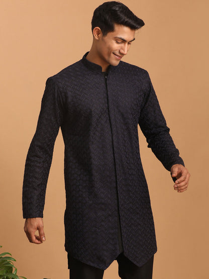 vastramay mens navy blue silk blend self design kurta