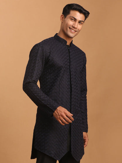 vastramay mens navy blue silk blend self design kurta