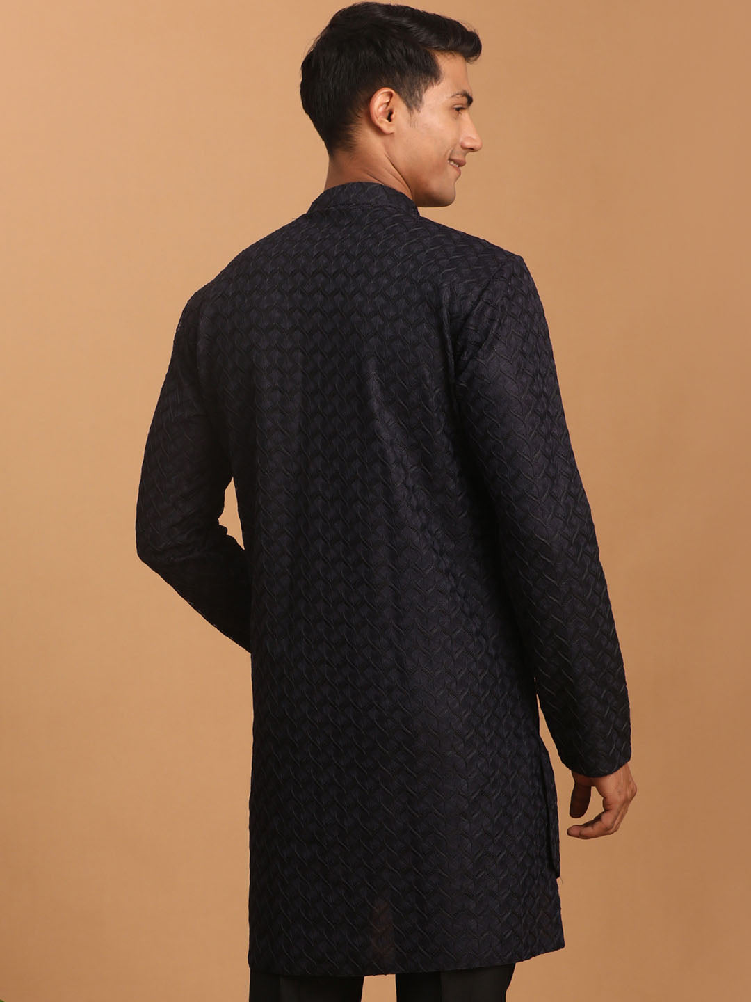 vastramay mens navy blue silk blend self design kurta