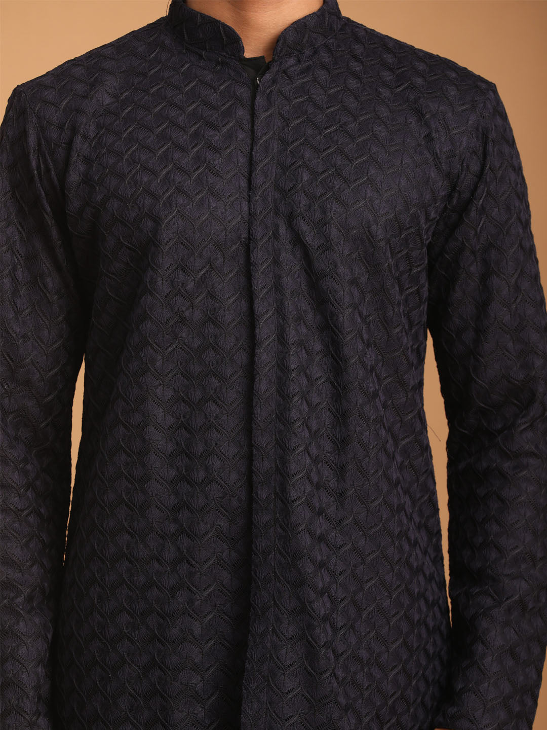 vastramay mens navy blue silk blend self design kurta