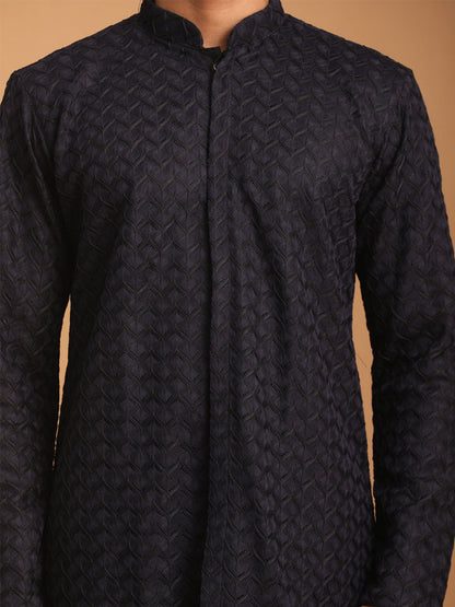 vastramay mens navy blue silk blend self design kurta