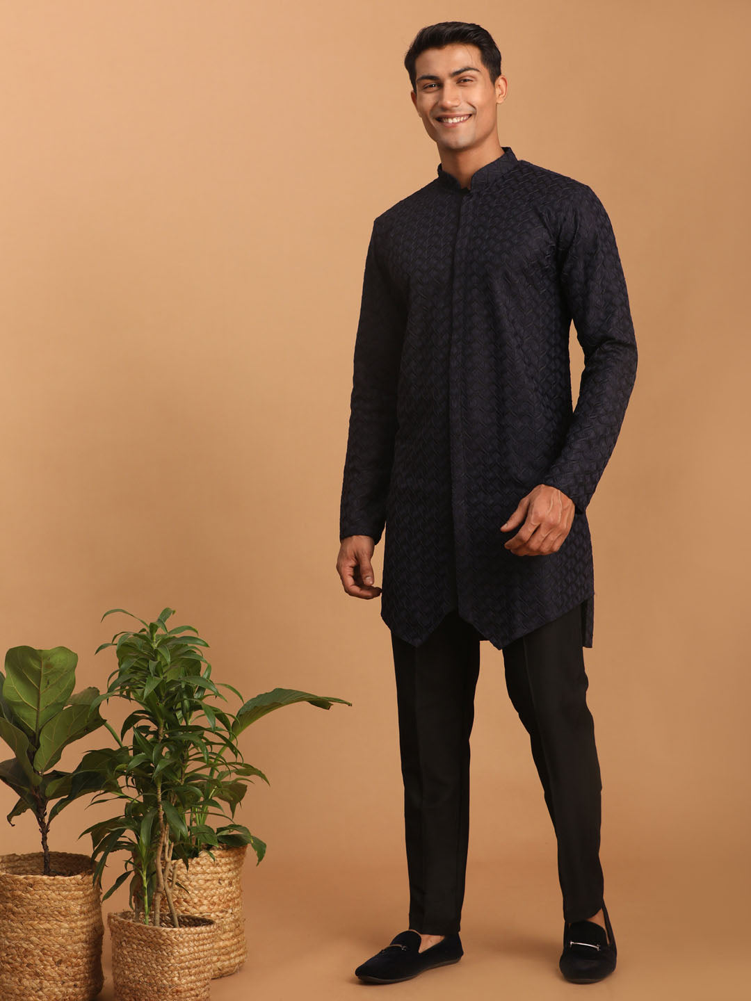 vastramay mens navy blue silk blend self design kurta