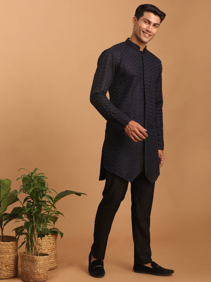 vastramay mens navy blue silk blend self design kurta and black pant set