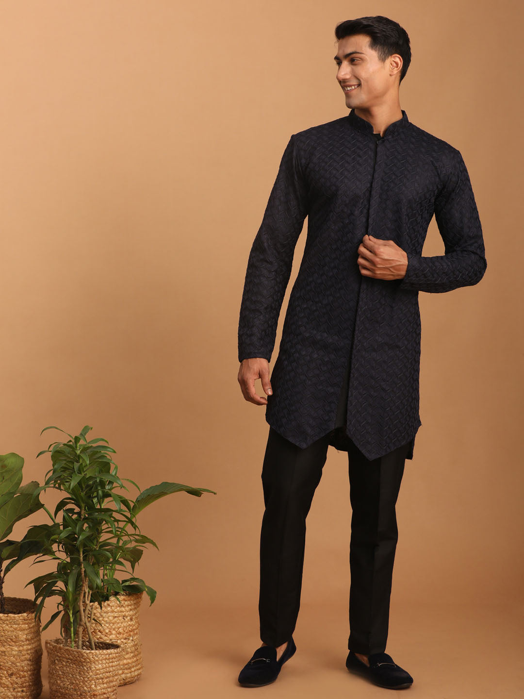 vastramay mens navy blue silk blend self design kurta and black pant set