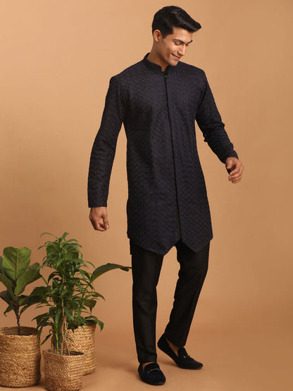 vastramay mens navy blue silk blend self design kurta and black pant set