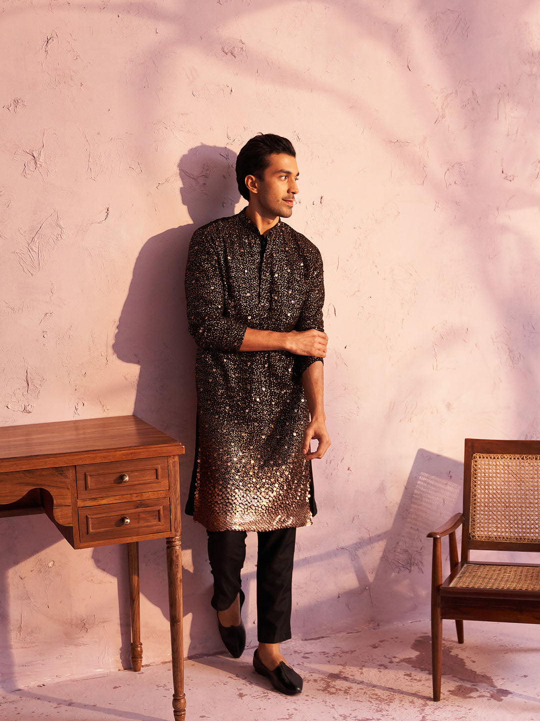 VASTRAMAY Men's Black Georgette Zari With Sequins Worked Kurta pant Set