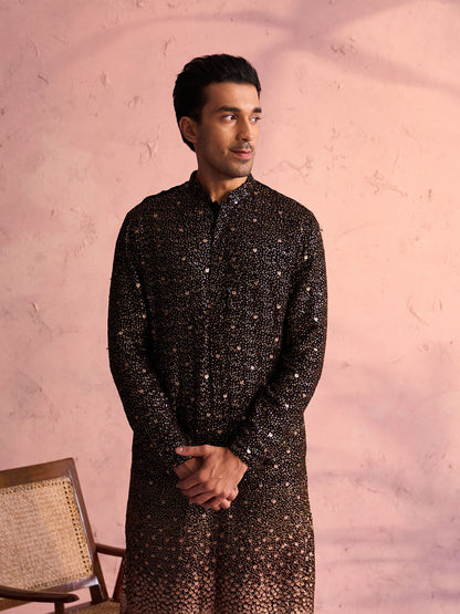 VASTRAMAY Men's Black Georgette Zari With Sequins Worked Kurta pant Set