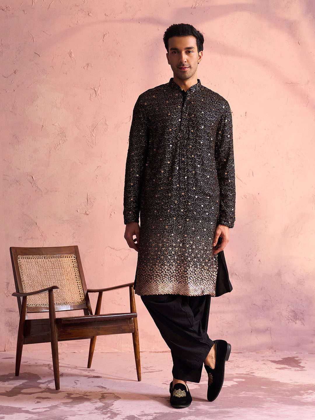 VASTRAMAY Men's Black Georgette Zari With Sequins Worked Kurta Patiala Set