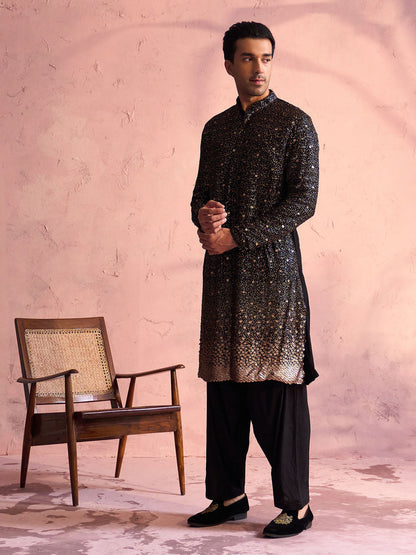 VASTRAMAY Men's Black Georgette Zari With Sequins Worked Kurta Patiala Set