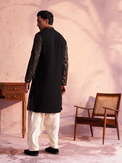 VASTRAMAY Men's Black Georgette Zari With Sequins Worked Kurta Patiala Set