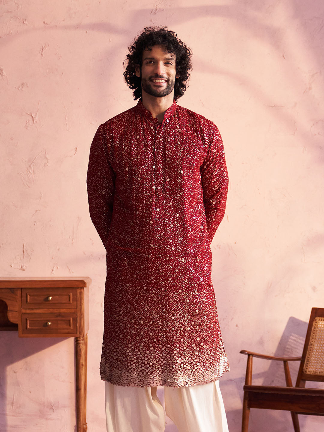 VASTRAMAY Men's Maroon Georgette Zari With Sequins Worked Kurta