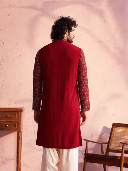 VASTRAMAY Men's Maroon Georgette Zari With Sequins Worked Kurta