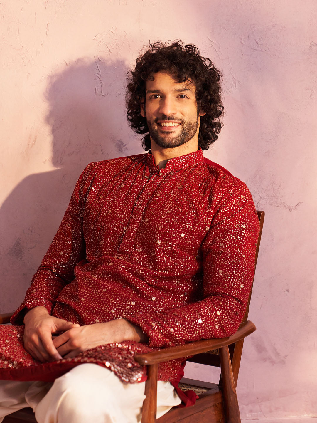 VASTRAMAY Men's Maroon Georgette Zari With Sequins Worked Kurta