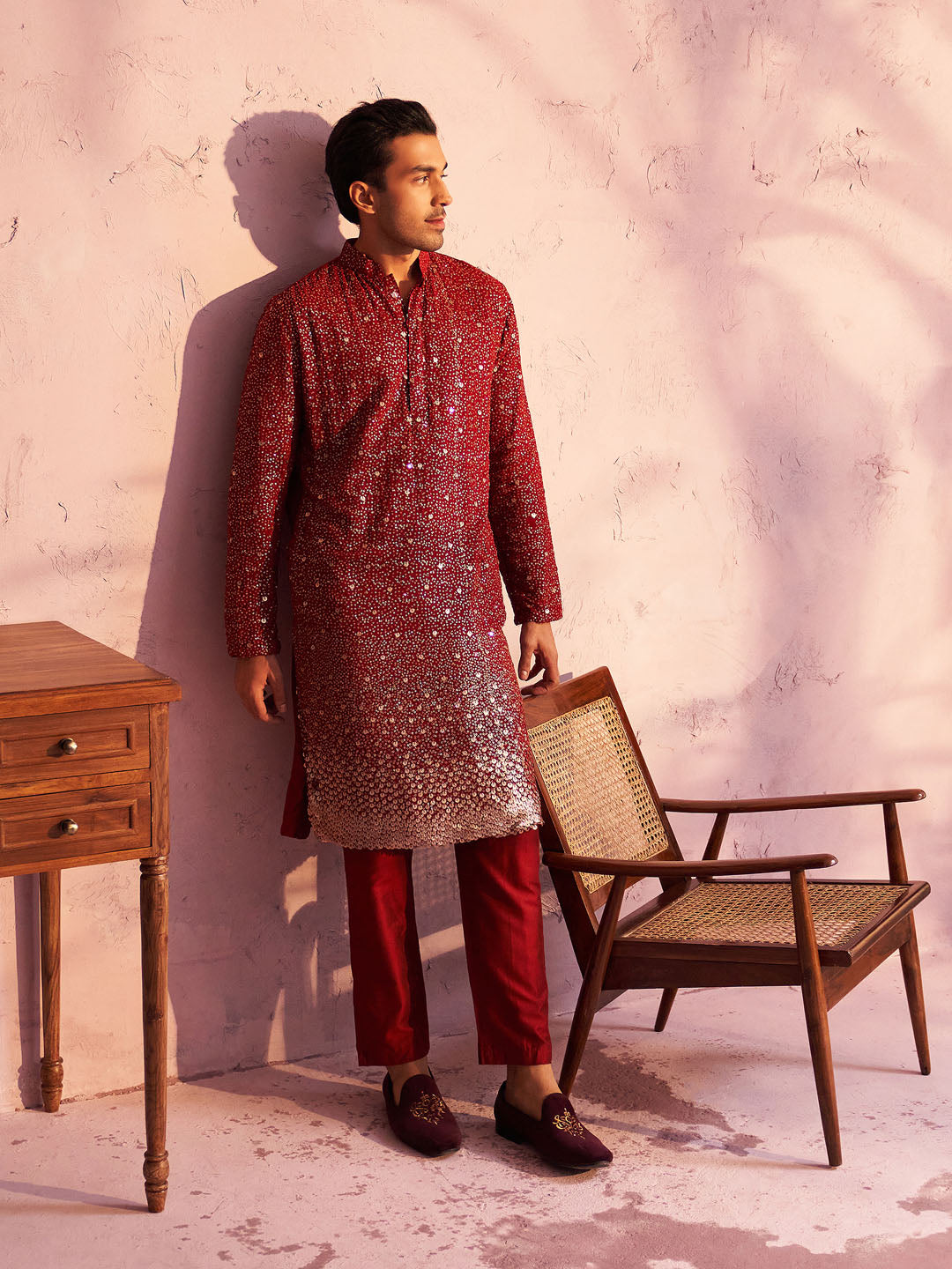 VASTRAMAY Men's Maroon Georgette Zari With Sequins Worked Kurta pant Set