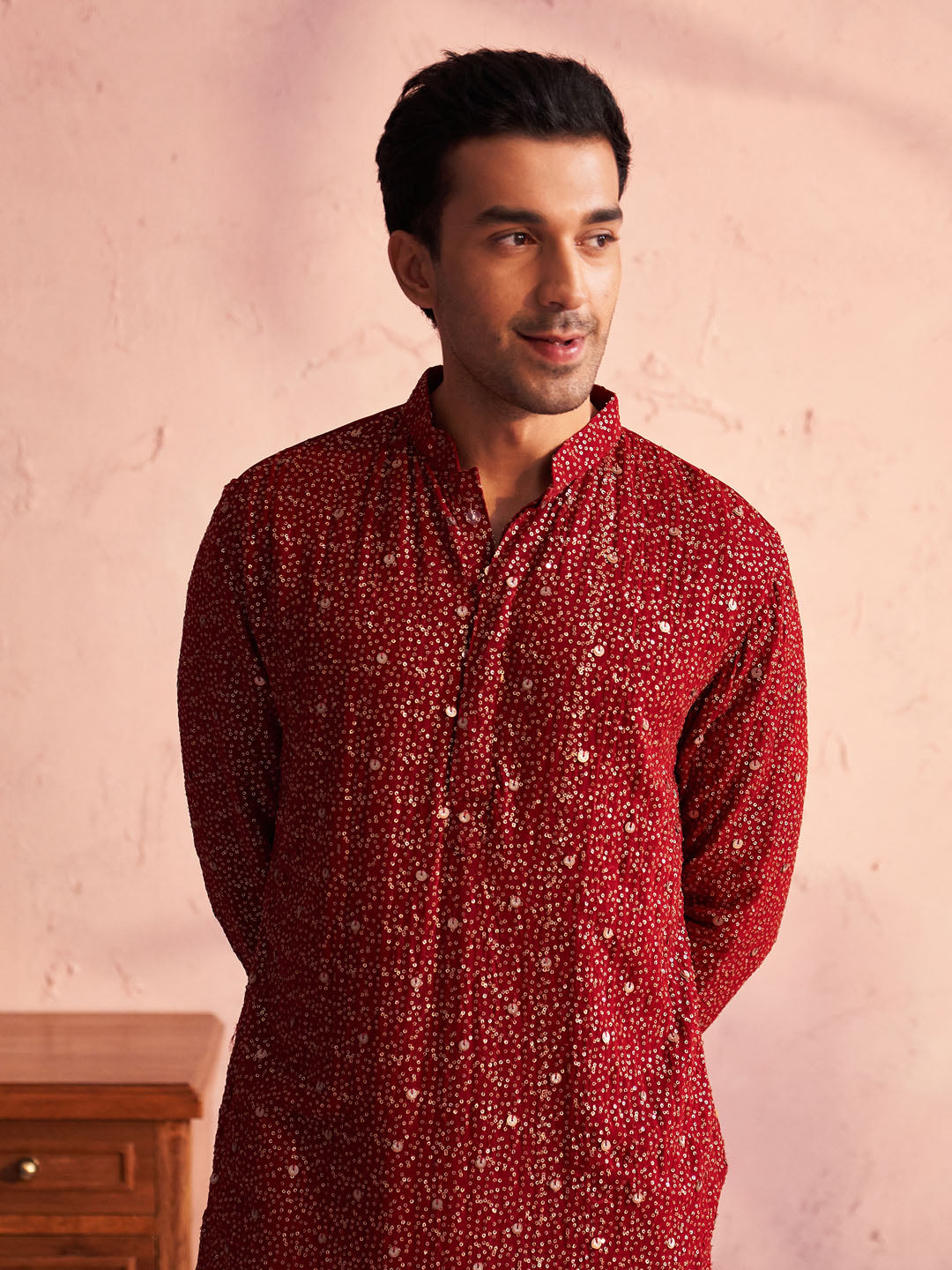 VASTRAMAY Men's Maroon Georgette Zari With Sequins Worked Kurta pant Set