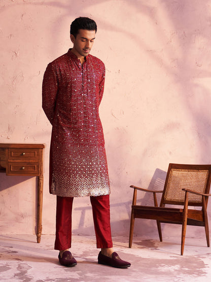 VASTRAMAY Men's Maroon Georgette Zari With Sequins Worked Kurta pant Set