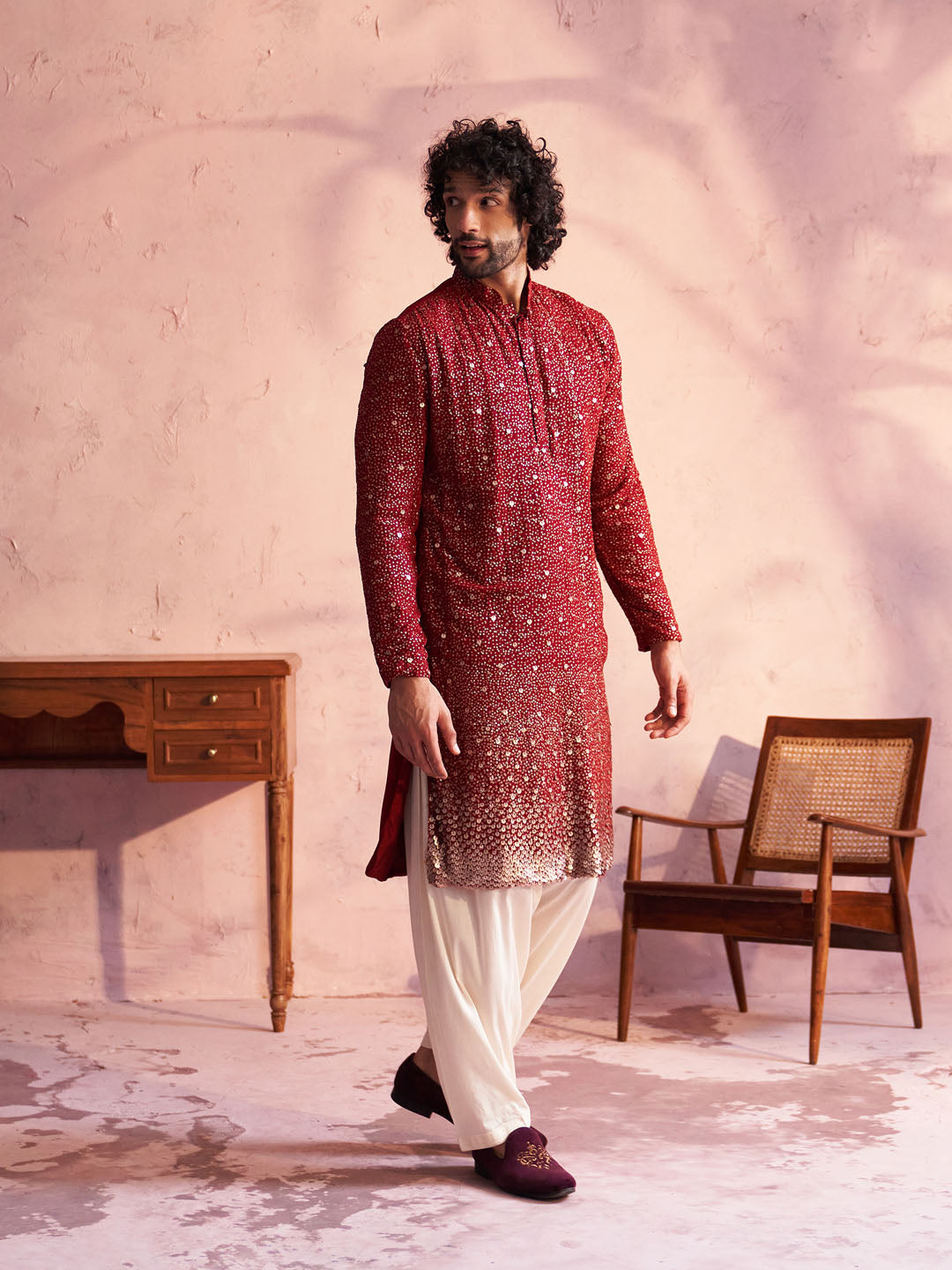 VASTRAMAY Men's Maroon Georgette Zari With Sequins Worked Kurta Patiala Set