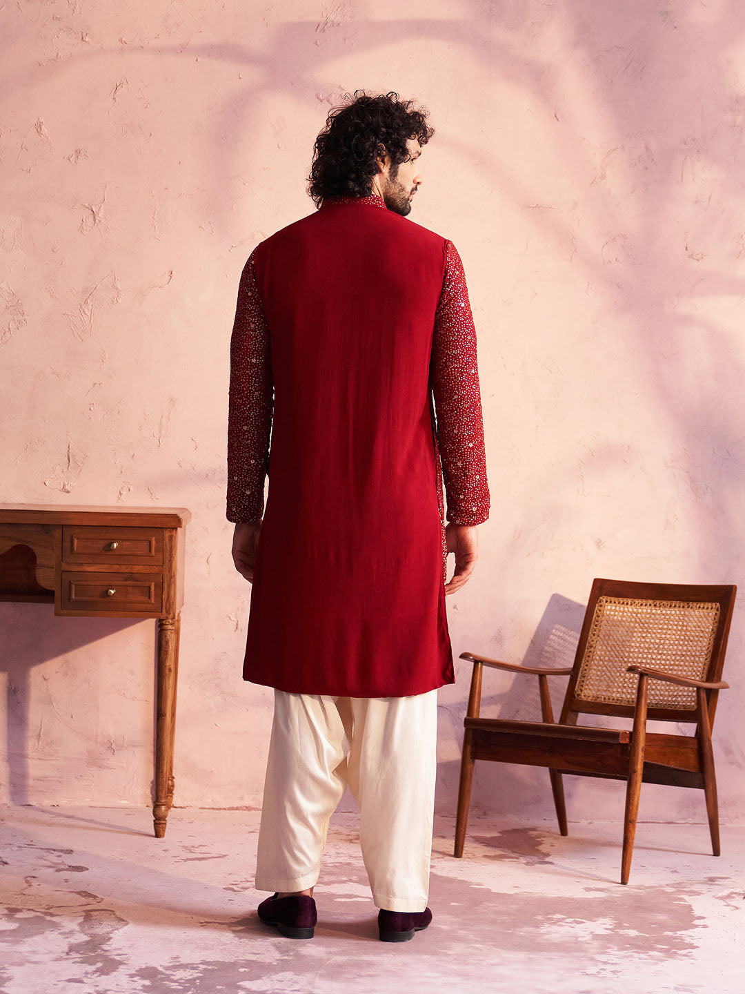 VASTRAMAY Men's Maroon Georgette Zari With Sequins Worked Kurta Patiala Set