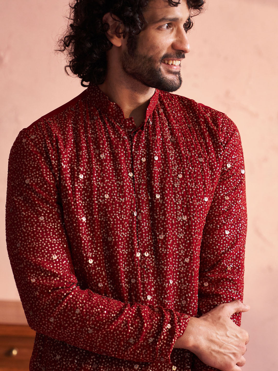 VASTRAMAY Men's Maroon Georgette Zari With Sequins Worked Kurta Patiala Set