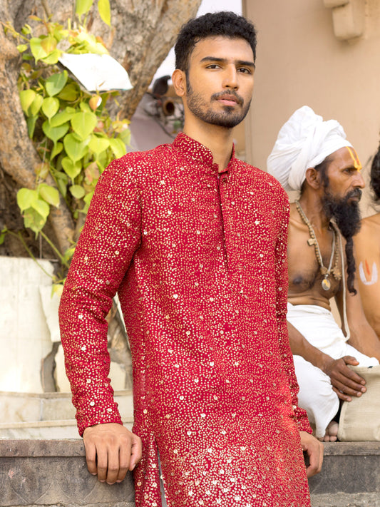 VASTRAMAY Men's Maroon Georgette Zari With Sequins Worked Kurta Patiala Set