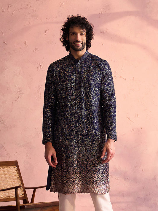 VASTRAMAY Men's Navy Blue Georgette Zari With Sequins Worked Kurta