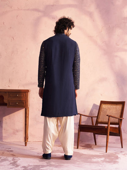 VASTRAMAY Men's Navy Blue Georgette Zari With Sequins Worked Kurta Patiala Set