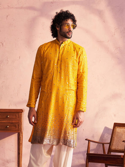 VASTRAMAY Men's Yellow Georgette Zari With Sequins Worked Kurta