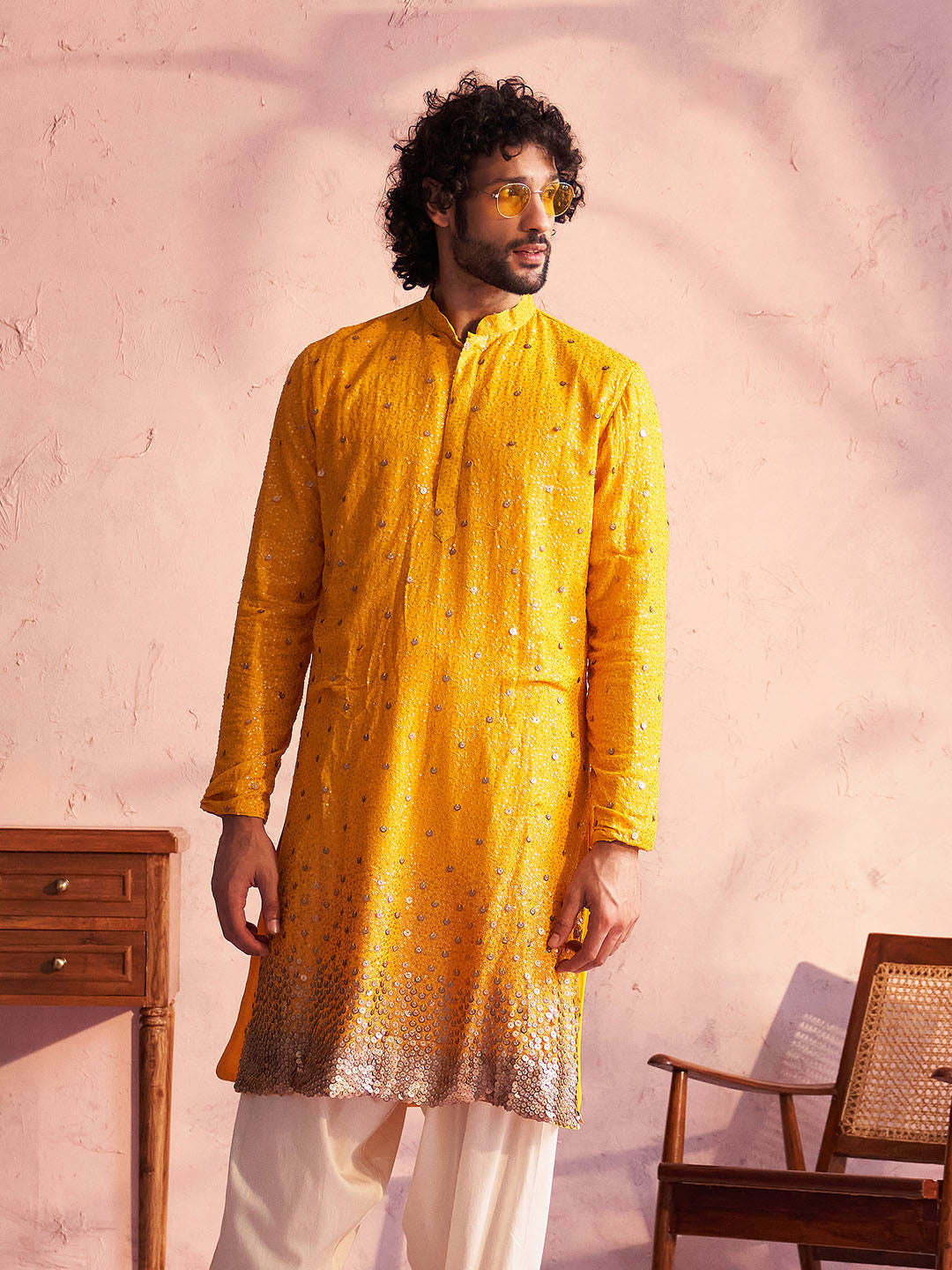 Vastramay Men's Yellow  Georgette Zari With Sequins Worked Kurta