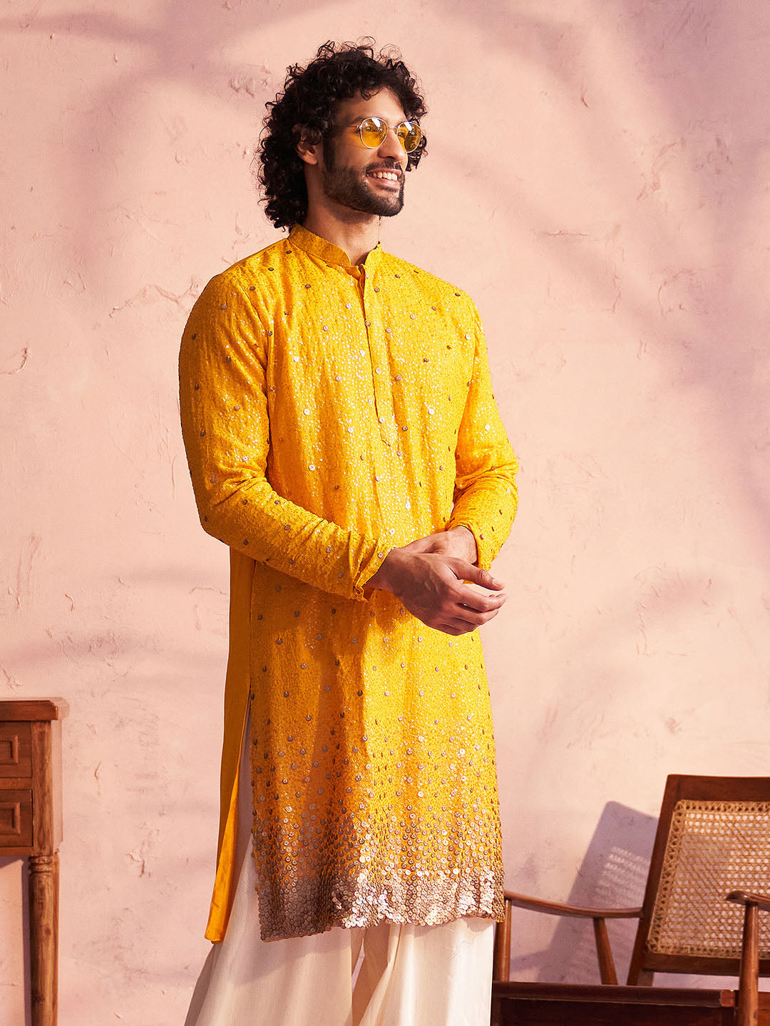 VASTRAMAY Men's Yellow Georgette Zari With Sequins Worked Kurta