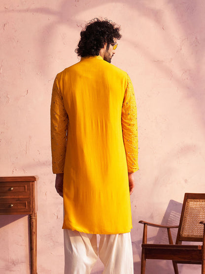 VASTRAMAY Men's Yellow Georgette Zari With Sequins Worked Kurta