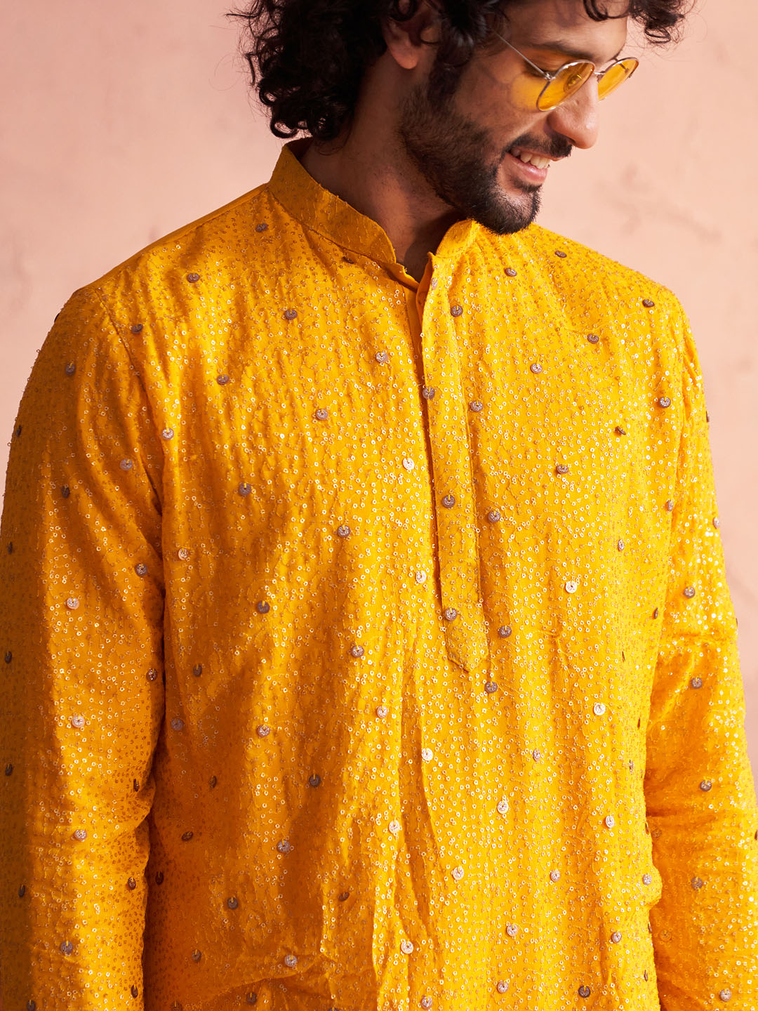 VASTRAMAY Men's Yellow Georgette Zari With Sequins Worked Kurta