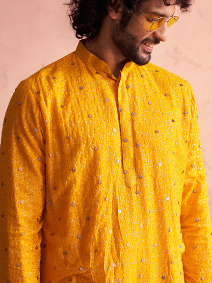 Vastramay Men's Yellow  Georgette Zari With Sequins Worked Kurta