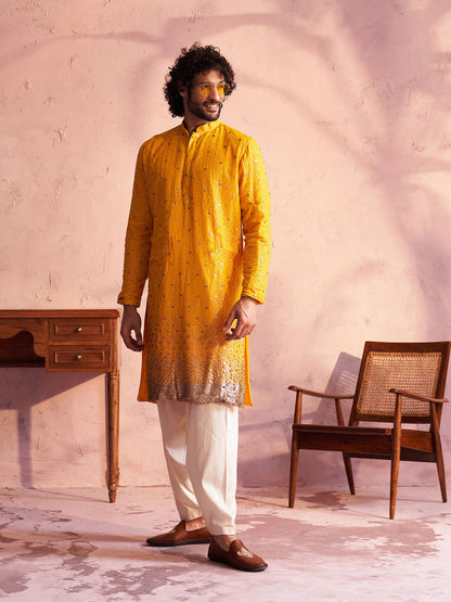 VASTRAMAY Men's Yellow Georgette Zari With Sequins Worked Kurta