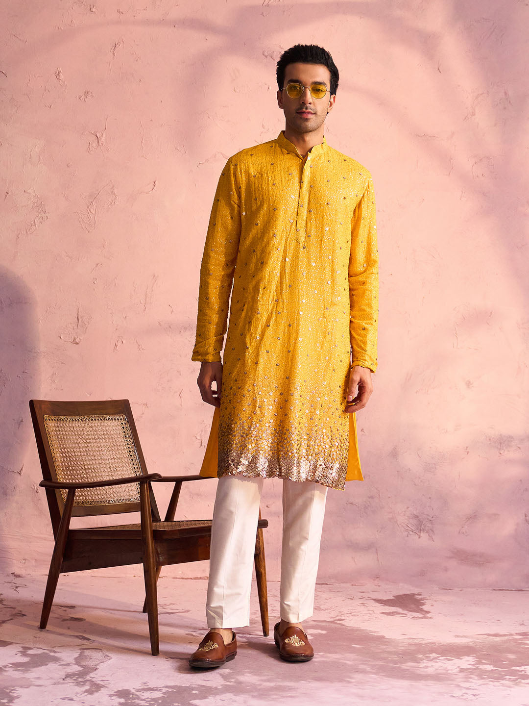 VASTRAMAY Men's Yellow Georgette Zari With Sequins Worked Kurta pant Set