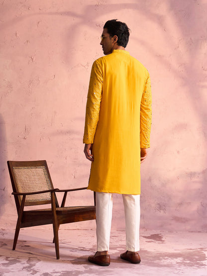 VASTRAMAY Men's Yellow Georgette Zari With Sequins Worked Kurta pant Set