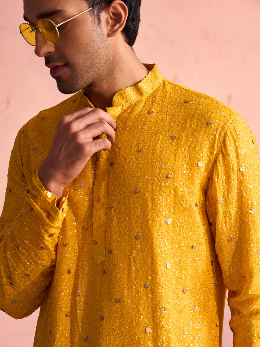 VASTRAMAY Men's Yellow Georgette Zari With Sequins Worked Kurta pant Set