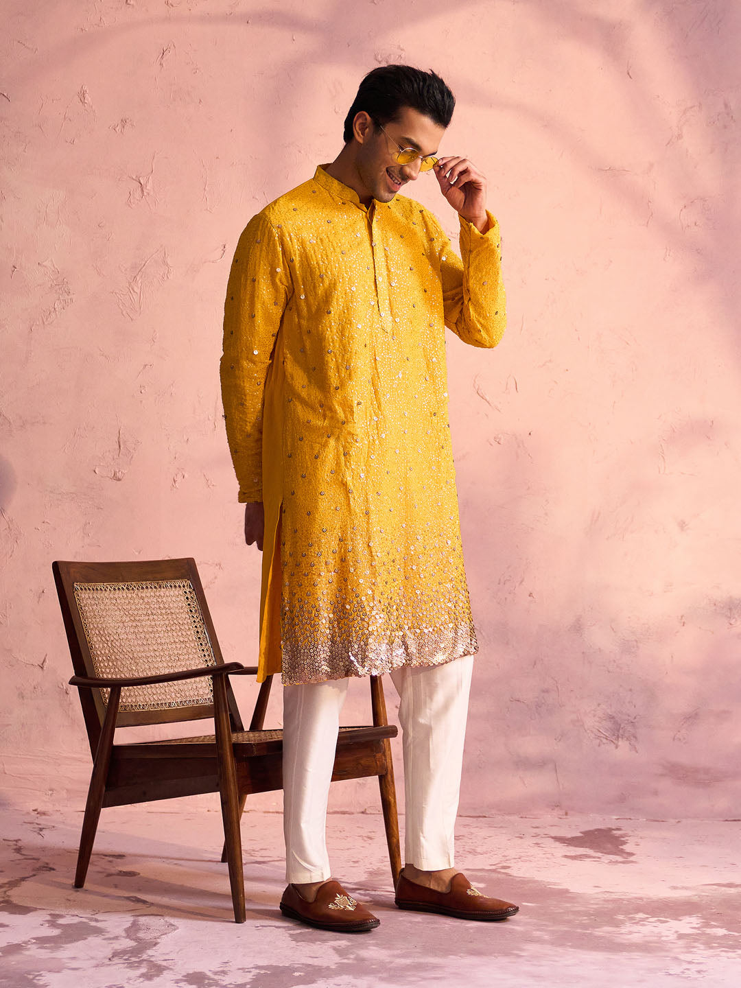 VASTRAMAY Men's Yellow Georgette Zari With Sequins Worked Kurta pant Set