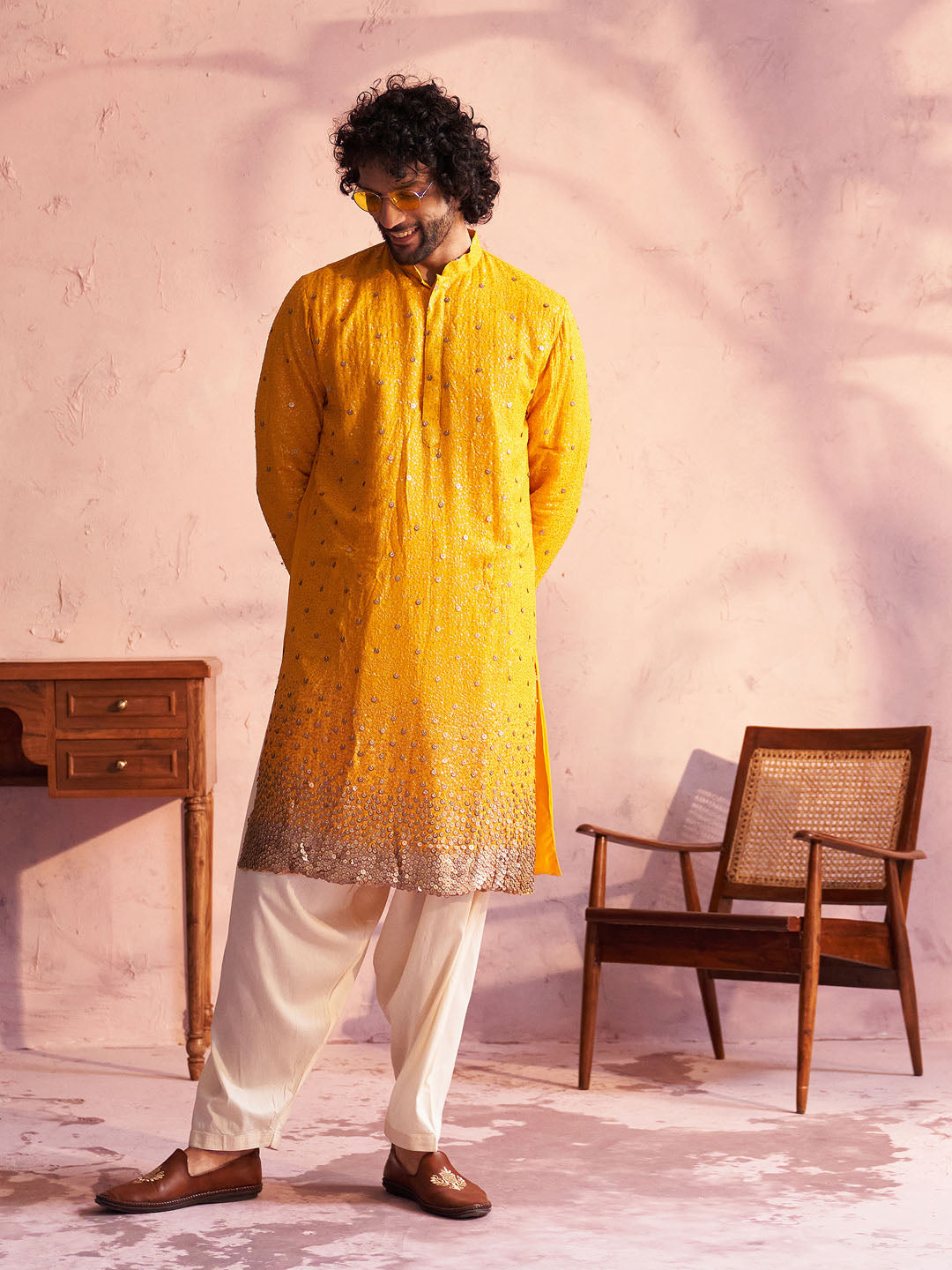 VASTRAMAY Men's Yellow Georgette Zari With Sequins Worked Kurta Patiala Set