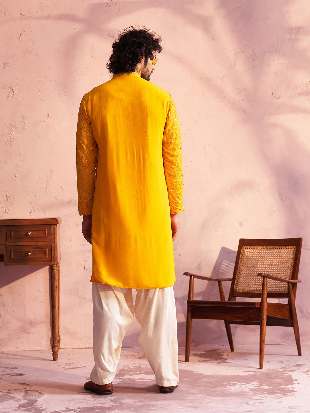 VASTRAMAY Men's Yellow Georgette Zari With Sequins Worked Kurta Patiala Set