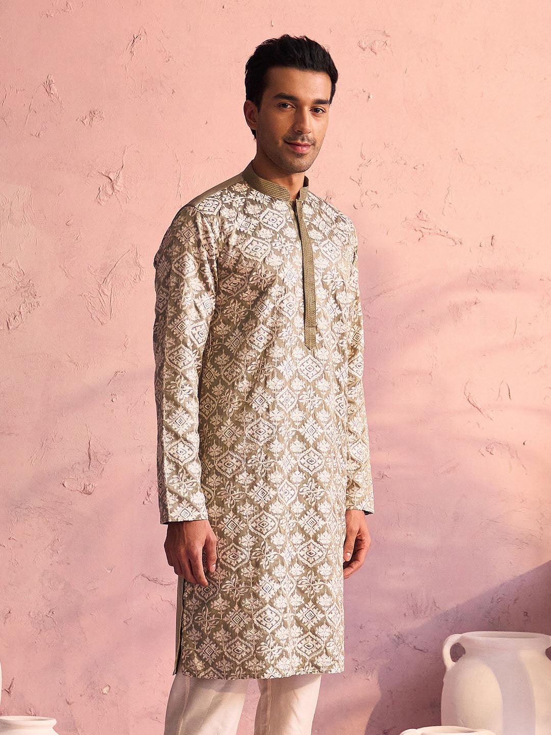 VASTRAMAY Men's Light Green Thread Worked Silk Kurta