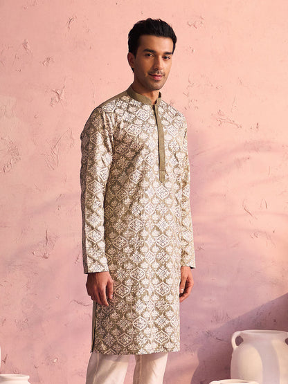 Vastramay Men's Light Green Thread Worked Silk Kurta