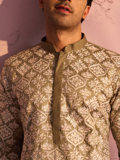 VASTRAMAY Men's Light Green Thread Worked Silk Kurta