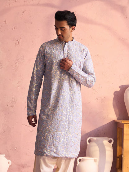 VASTRAMAY Men's Sky Blue Georgette Floral Motif Embroidered Kurta